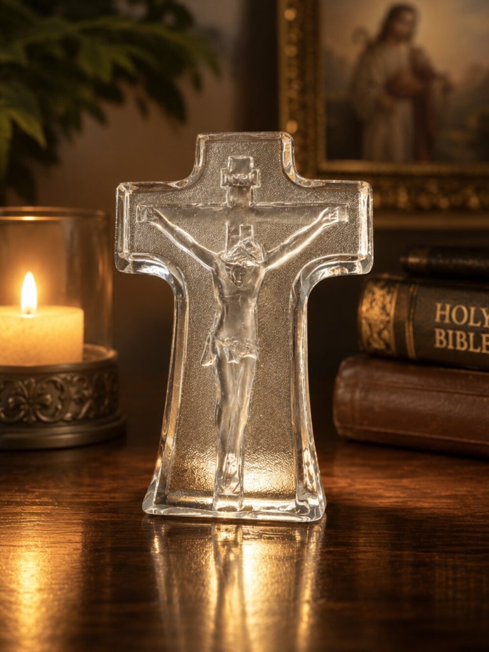 Vintage Clear Glass Crucifix Cross Jesus Wall Plaque Christian Religious Home